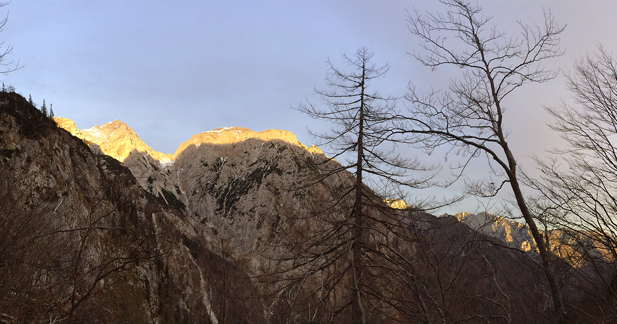 A glimpe of Kamnik-Savinja Alps (Kaminško Savinjske Alpe) from the trail to Kokrsko sedlo.