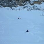 Backcountry skiing on the scree slopes of Mt. Trbiška Krniška špica