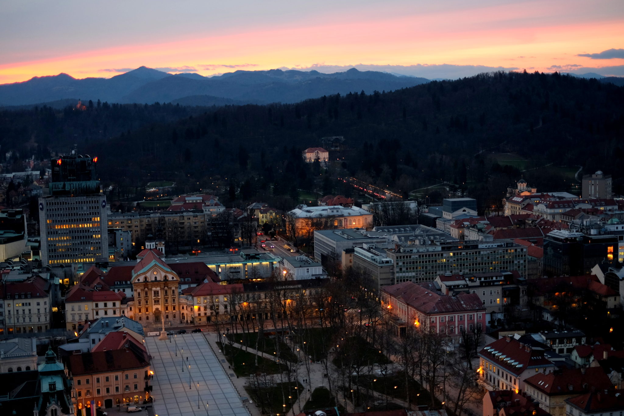 The Zvezda Park, Tivoli and its castle, and the barely visible tiny red church on the left at the top of Rožnik. Photo by: Exploring Slovenia.