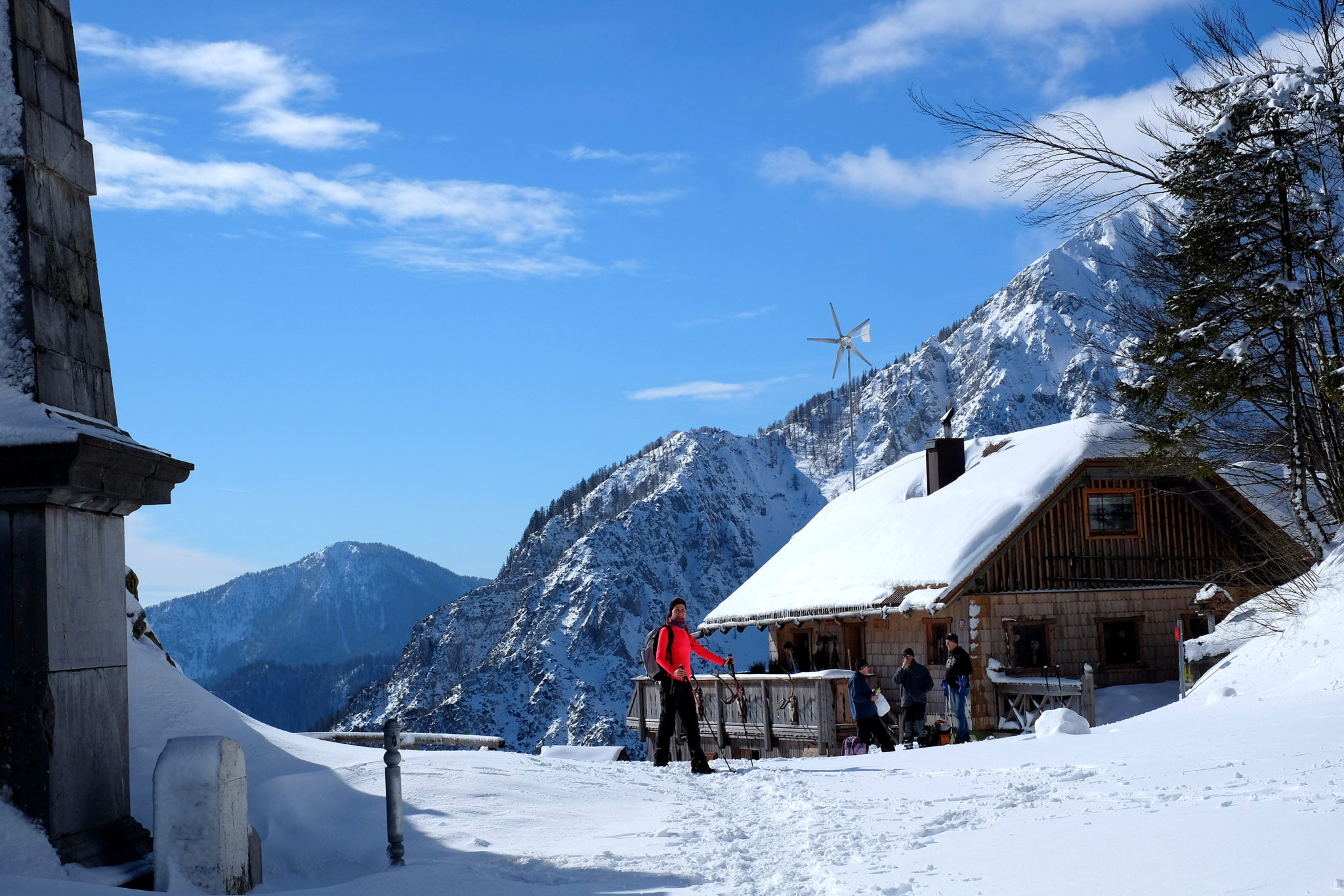 The hut at the Ljubelj Pass, 1,370 m (4,490 ft), with astonishing panoramic views over high mountains. Mt. Begunjščica in the background.