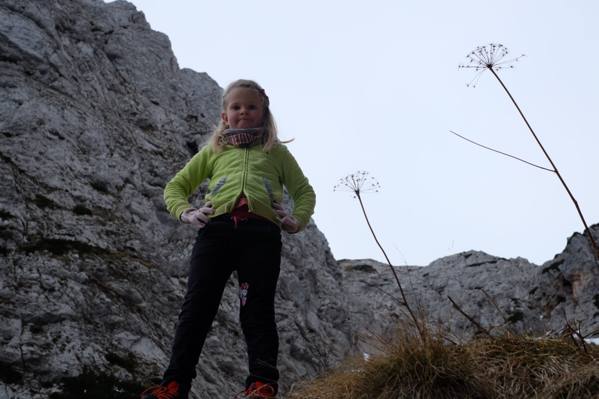 My daughter’s first experience in the high mountains at the age of 6, making 2,930 Ft (893 m) elevation gain to a mountain pass just below the highest mountain of the Kamnik-Savinja Alps in Slovenia. Photo by: Exploring Slovenia.