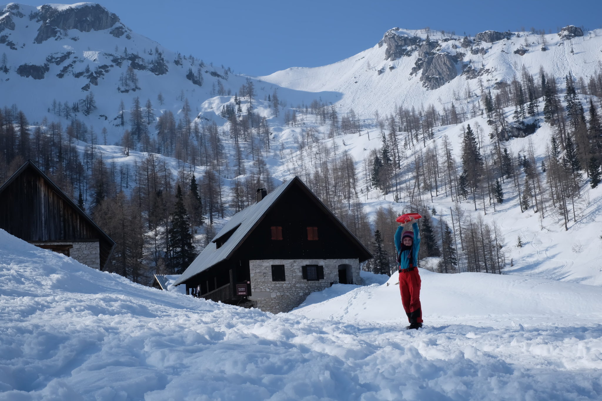 Our six-and-a-half year old daughter walked for 7 hours in knee-deep powder snow to the Blejska Hut, 1,630 m or 5,350 Ft, and back since the local road to the usual starting point was closed. Photo by: Exploring Slovenia.