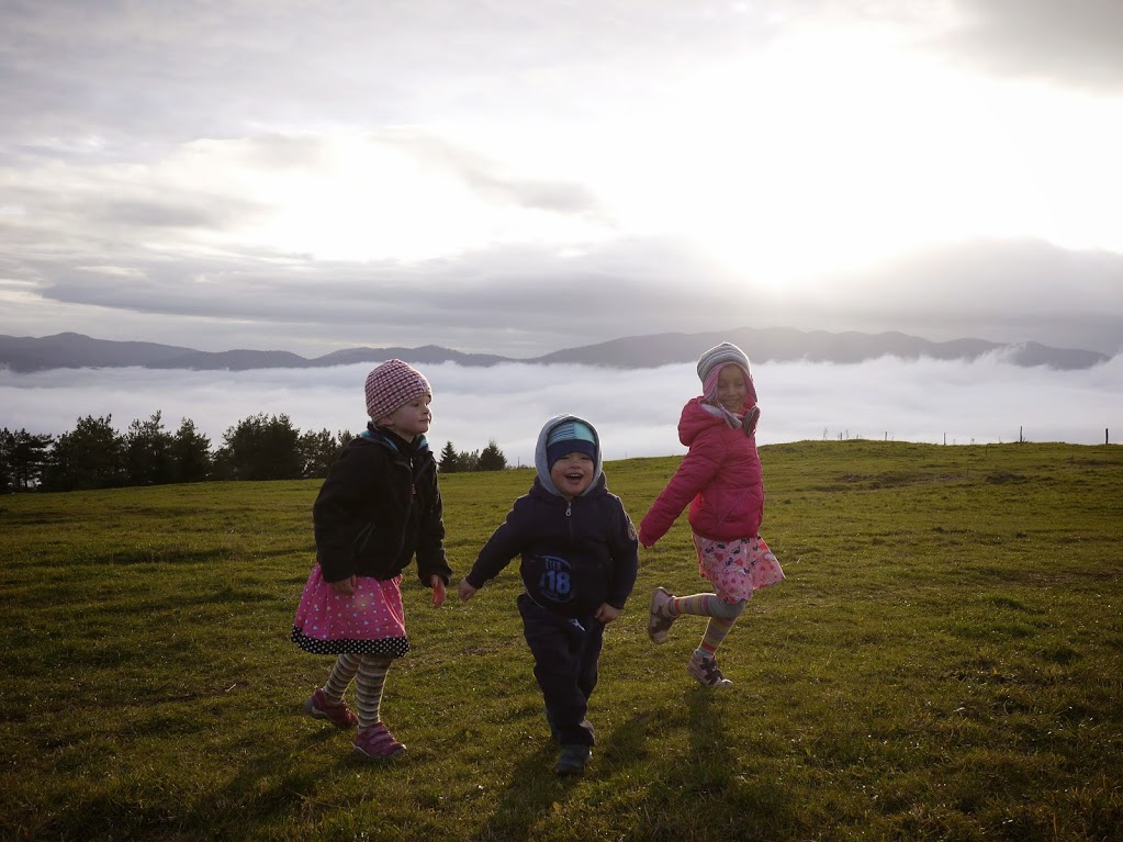 Two 5-years olds and a 2-year old having a blast going up a hill called Slivnica with an elevation gain of about 1,700 Ft or over 500 m. Photo by: Exploring Slovenia.