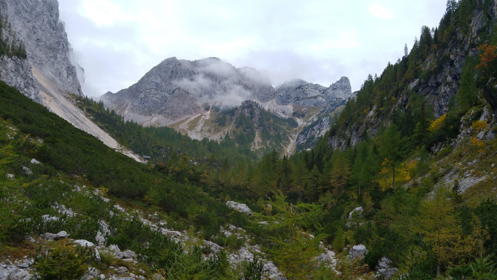 The first section starts in a forest and then passes two open alpine meadows below towering mountains.