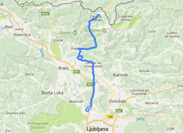 Cycling from Ljubljana to Jezersko, map, Slovenia