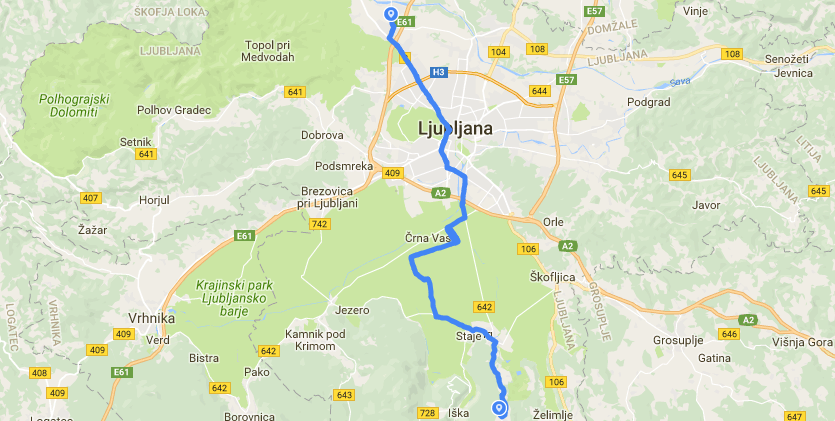 Cycling map from Ljubljana to Kurešček over the Ljubljana Marshes