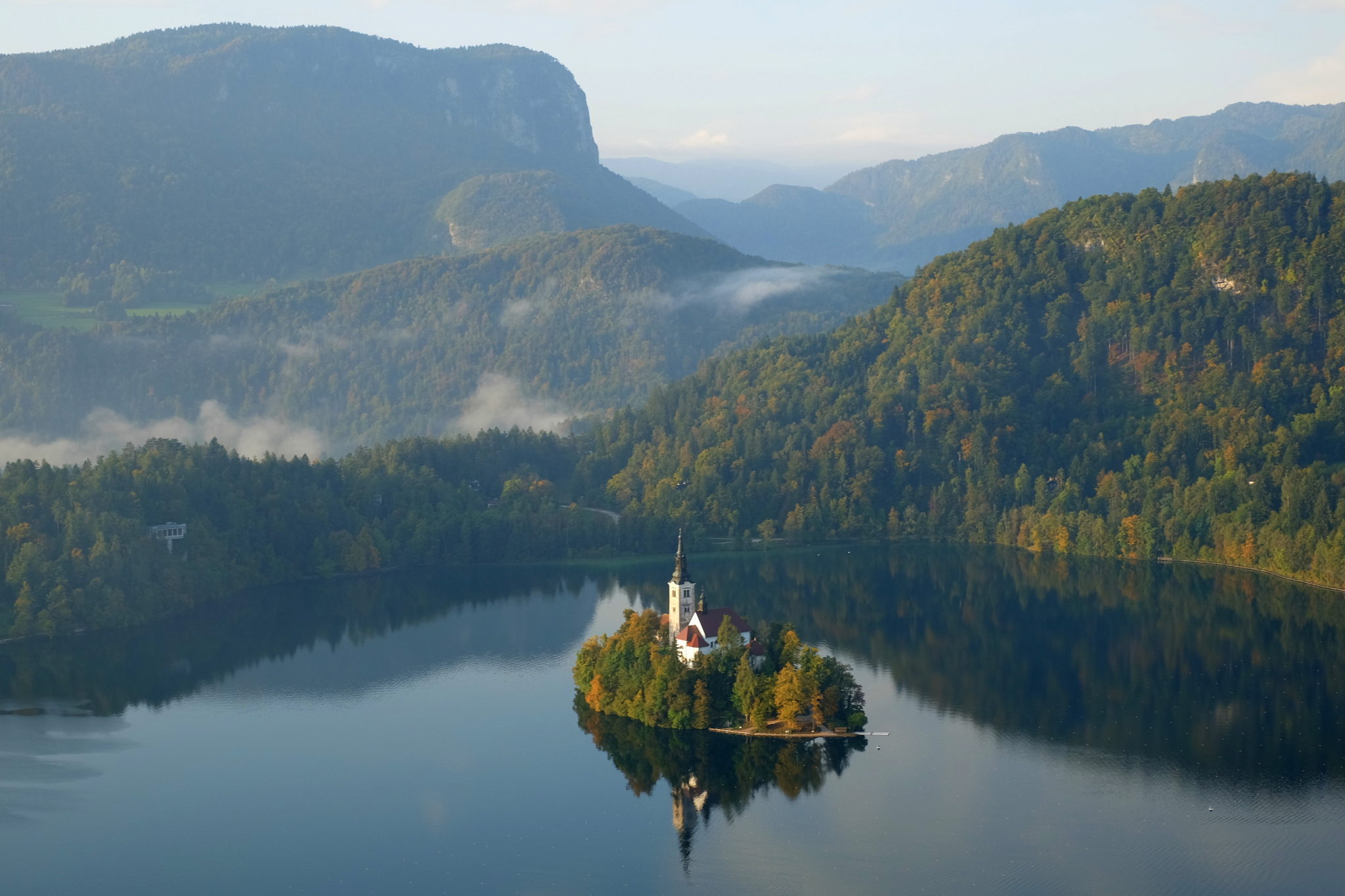 Aerial view of Lake Bled and the island