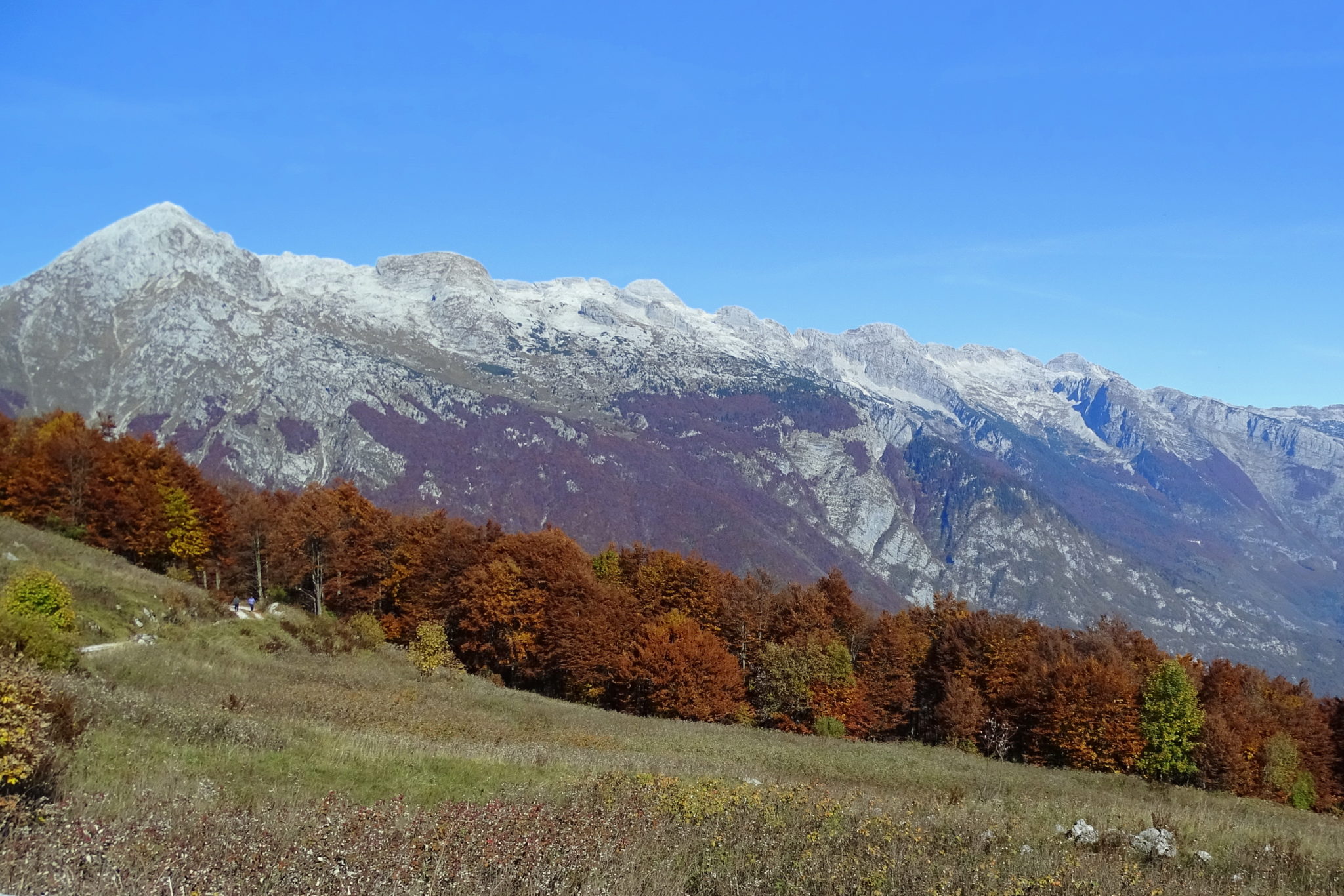 Autumn hiking from Učja Pass to Kobariški Stol. Slovenia