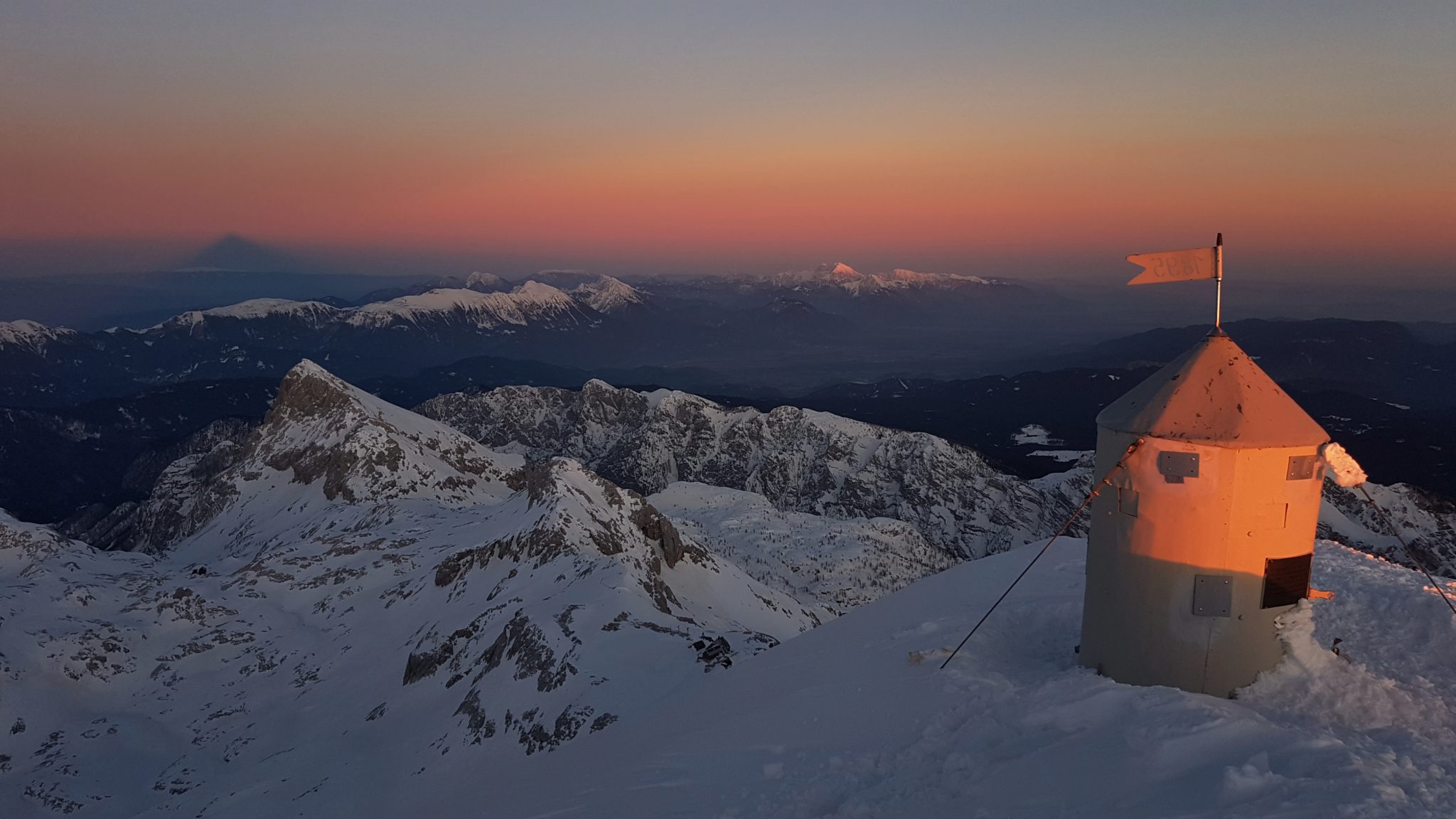 The Aljaž Tower on the Triglav peak, sunset, Julian Alps, Slovenia