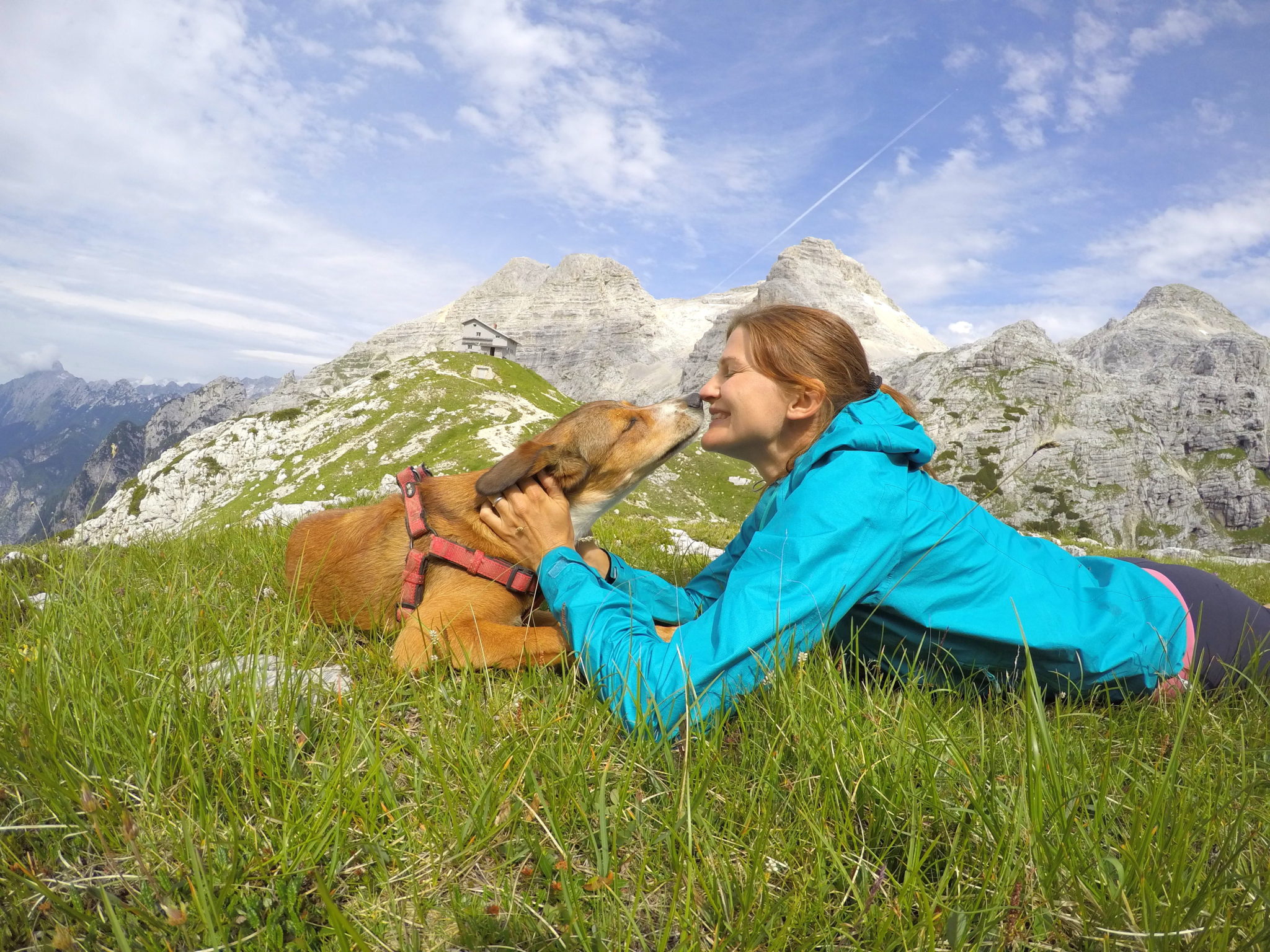 A dog and a woman hiker lying in grass in the mountains