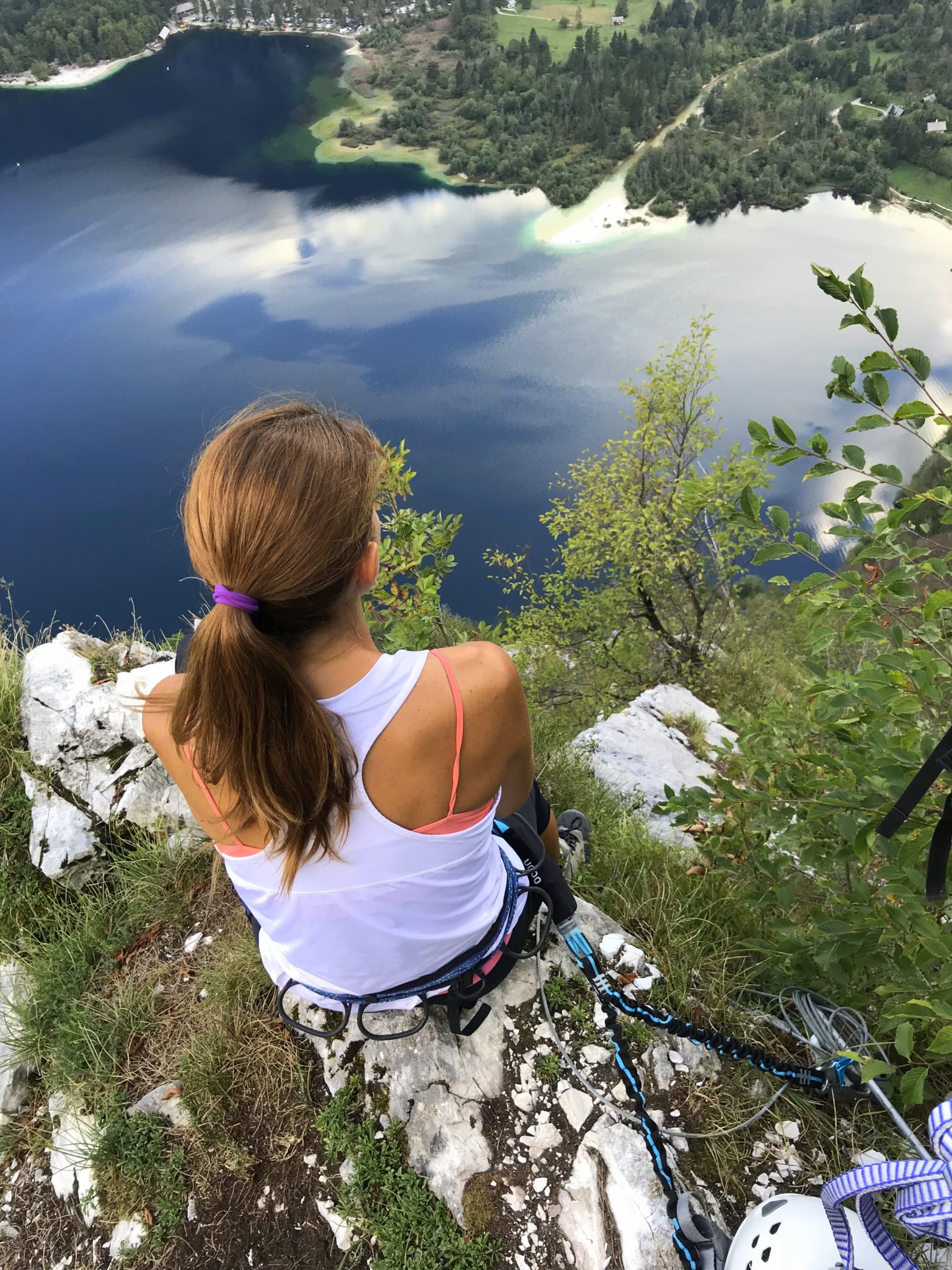 Enjoying heavenly views over Lake Bohinj, via ferrata Ožarjeni Kamen