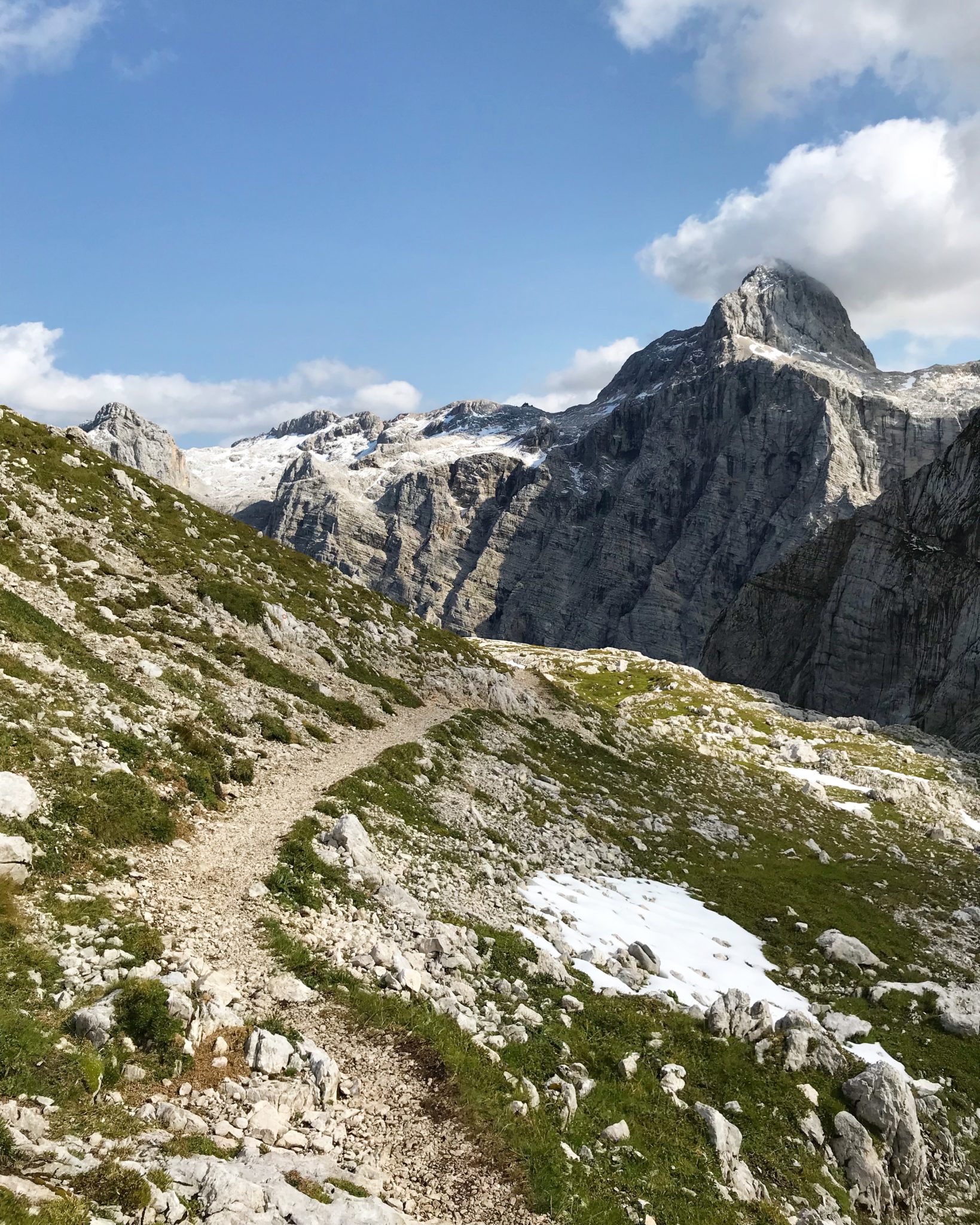 Hiking in the Julian Alps, view of the Triglav North Face, Slovenia