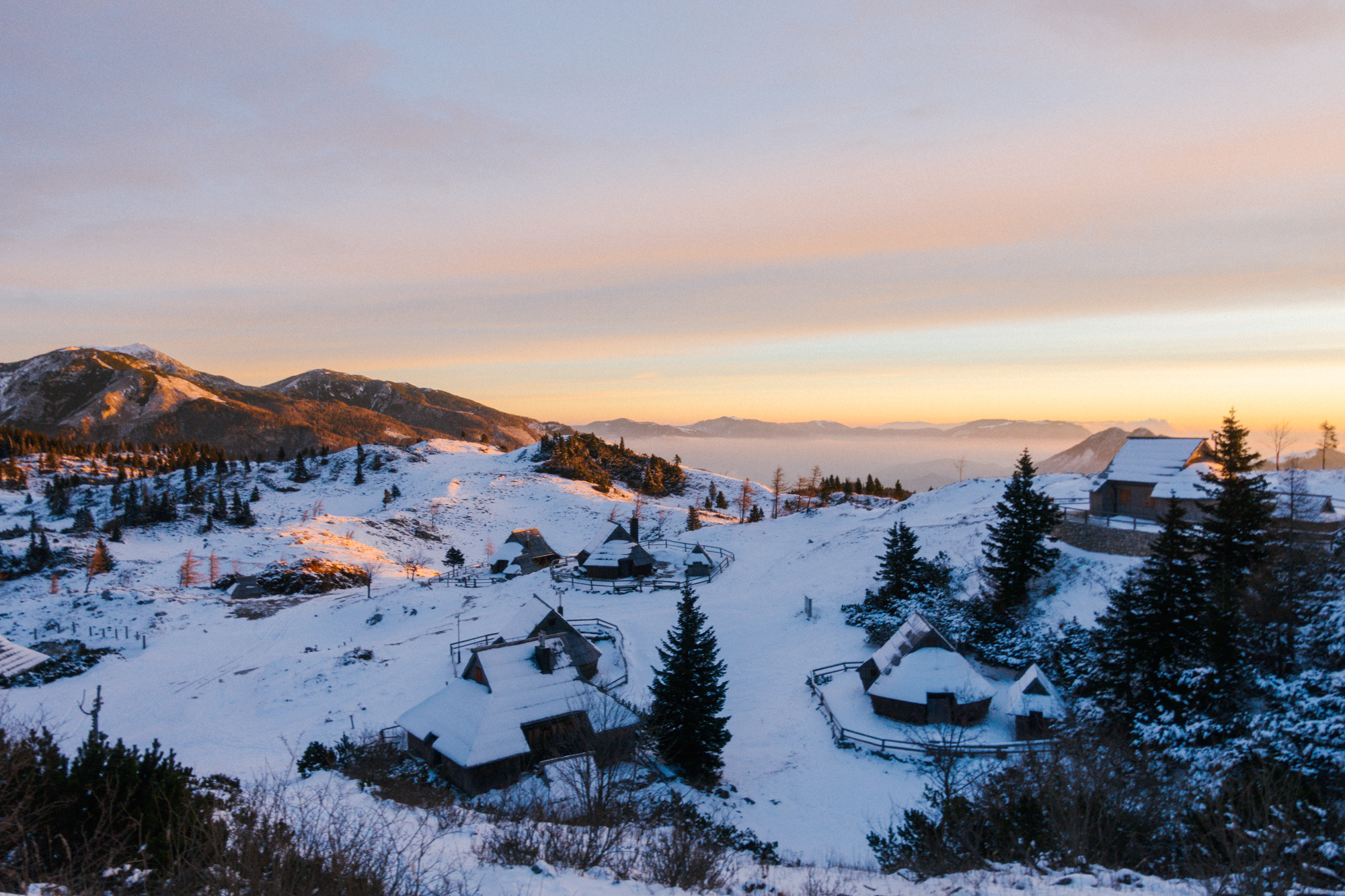 Velika Planina for sunrise in the winter, snow, Visit Ljubljana, Slovenia