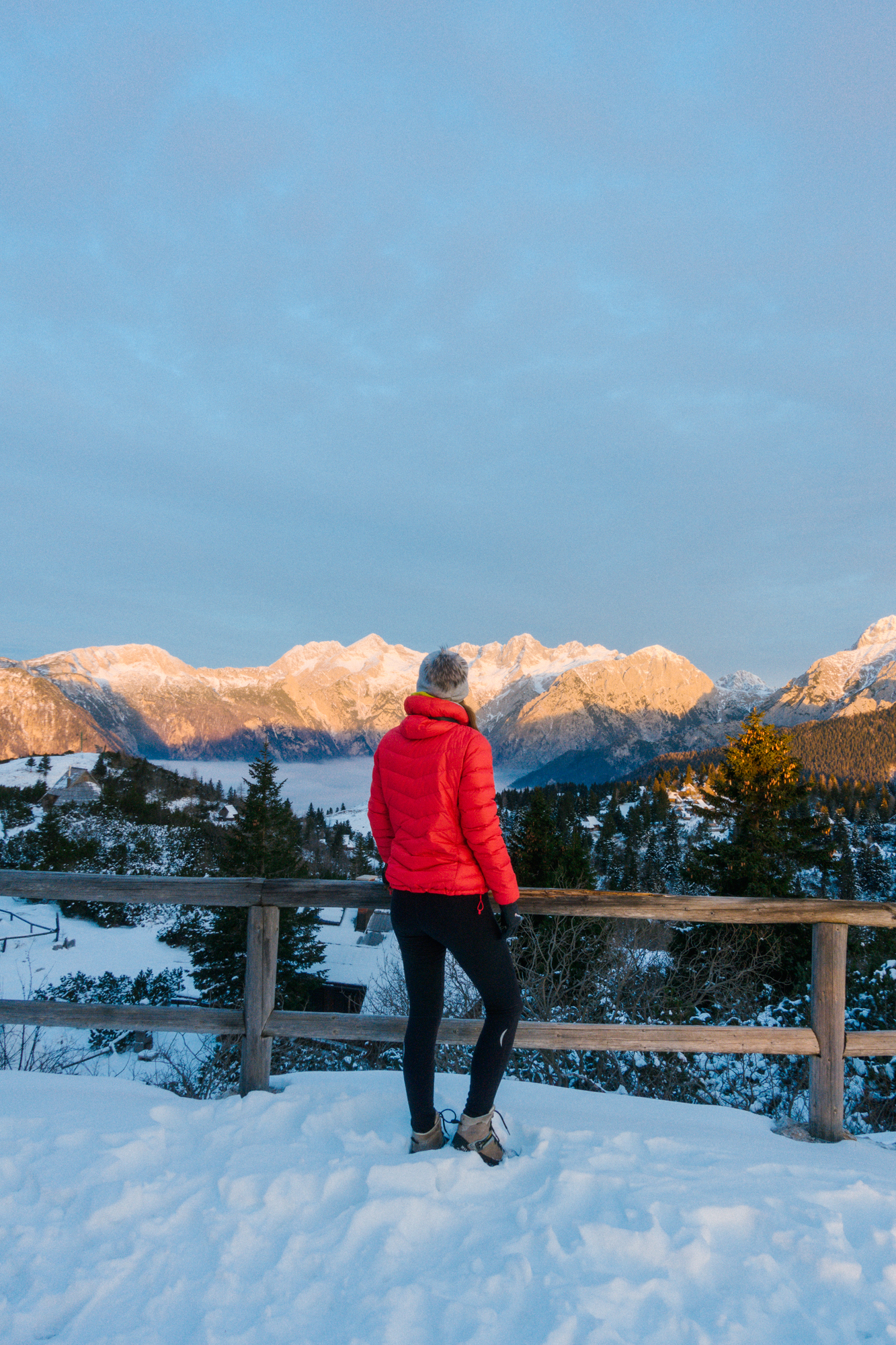 Koca.si Velika Planina Resort for sunrise in the winter, Slovenia, Ljubljana